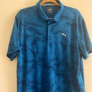 Puma golf shirt in petrol blue, with unusual 'camo' design